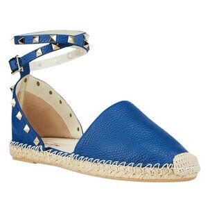 Valentino Garavani Rockstud Leather Espadrille 40 Flat Ankle Wrap Stud Pool Blue